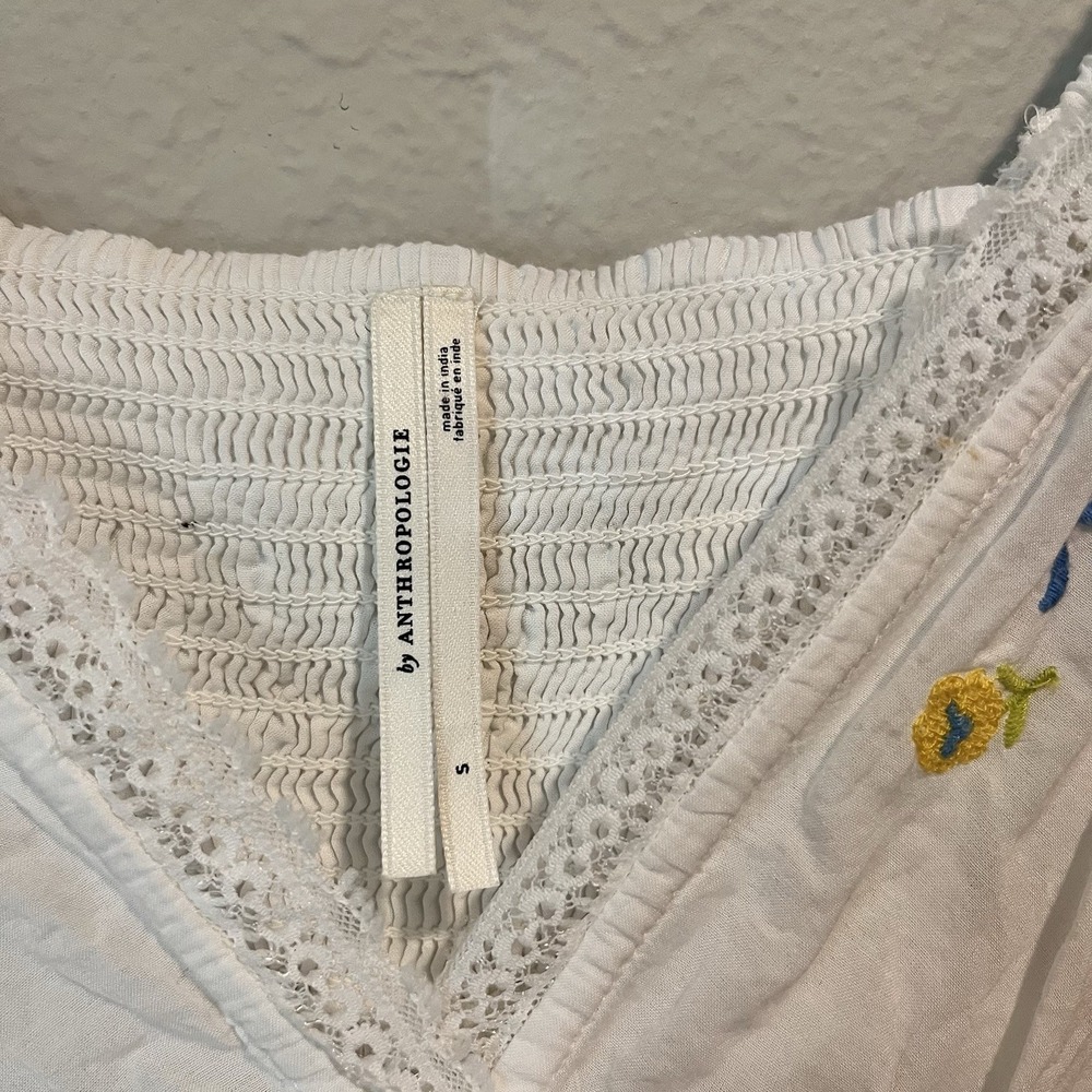 Anthropologie Top Small White Embroidered Patched Hanky Babydoll Bohemian Hippie - Picture 2 of 12